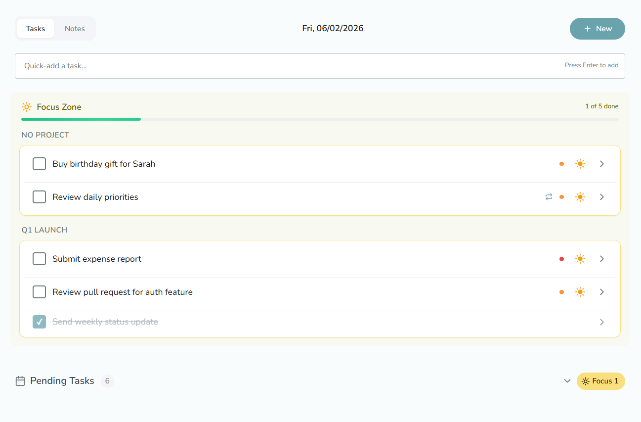 CalmLoop dashboard showing Pending Tasks and the daily Focus Zone