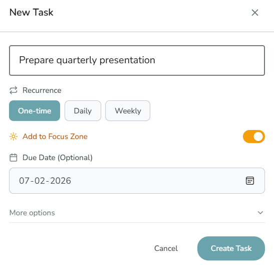 CalmLoop create task form with essential fields and expandable options