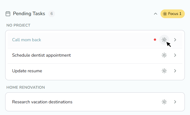 Pending Tasks with a control for adding work to the Focus Zone