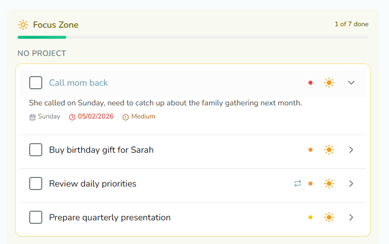 CalmLoop Focus Zone showing the day's selected tasks